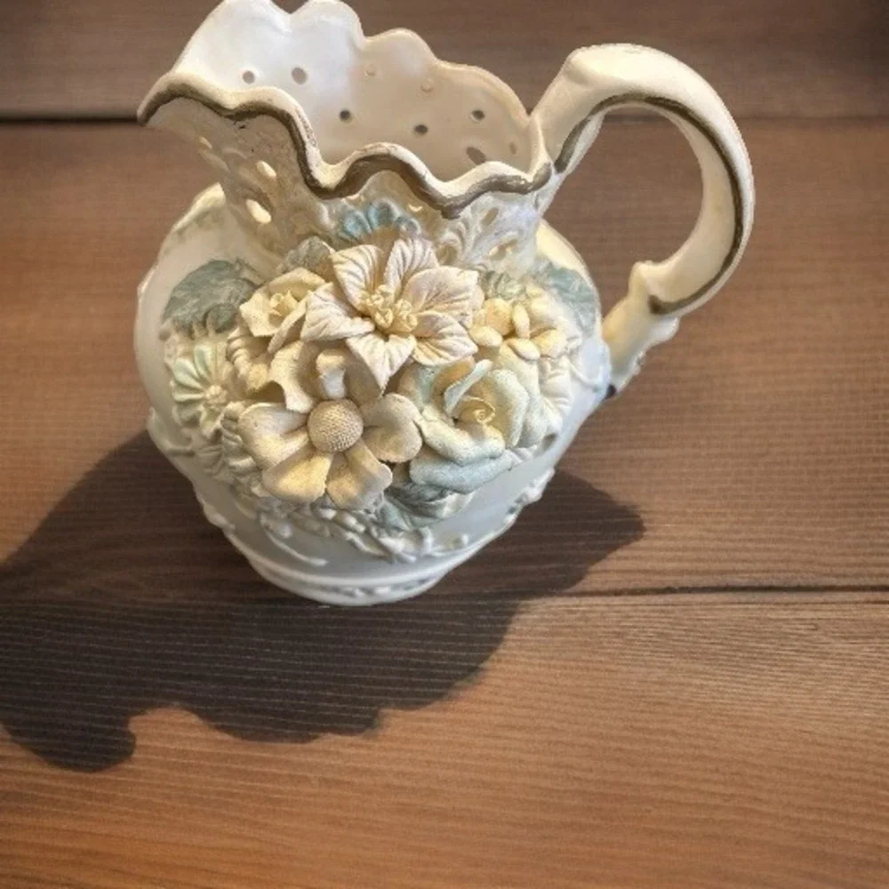 Capodimonte Porcelain Floral Pitcher Vase Reticulated Scalloped 7